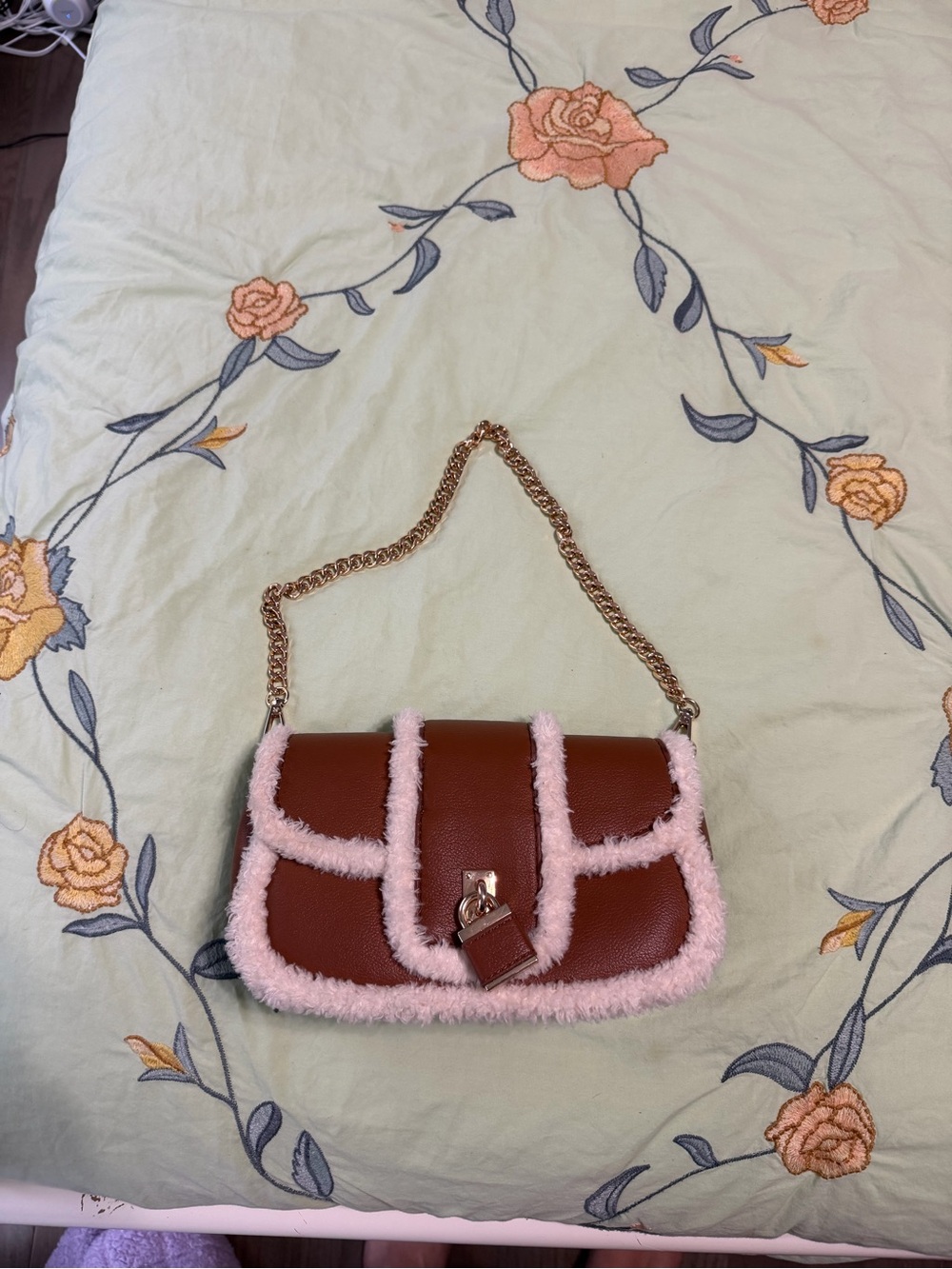 Aldo Brown Shoulder Bag with white Shearling Trim & Gold Chain